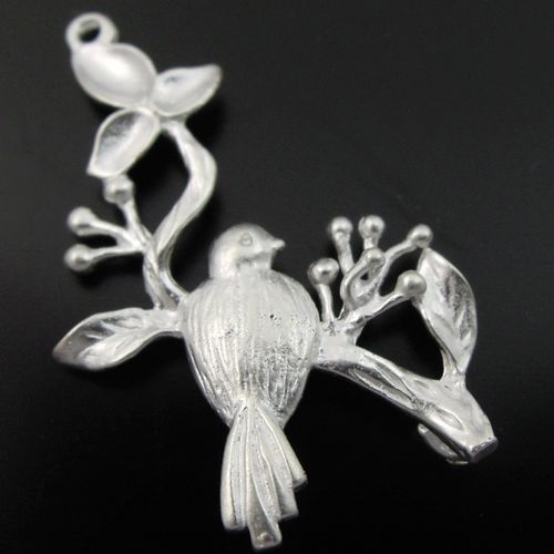   15mm Matte silver tone bird on leaf branch brass charm pendants 10pcs