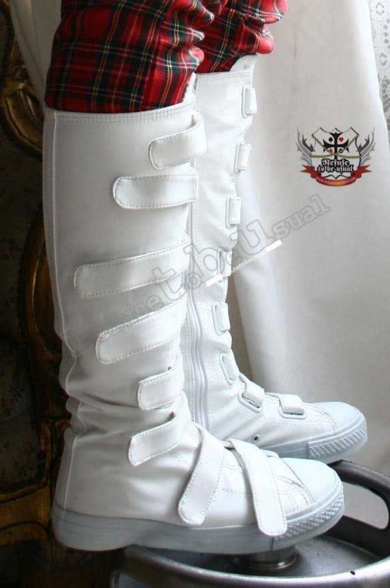 Medical Goth Punk 8 STRAP Faux Leather knee Flat Boots  