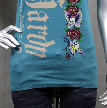 Ed Hardy Butterfly Skull Love and Roses T shirt TEAL  